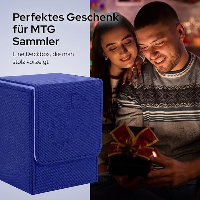 MTG Commander Deck Box with 2 Dividers – Fits 100+ Single Sleeved Cards, Strong Magnet Deck Case for Magic: The Gathering, Premium PU Leather Storage for TCG CCG (Blue)