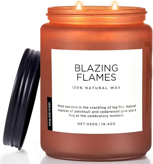M&SENSE Blazing Flames Scented Candles, Soy Wax 19.4oz 110 Hours Long Lasting Clean Burn, Warm Woods Aromatherapy Candles for Relaxation Large Candle Birthday Holiday Gifts for Men Women