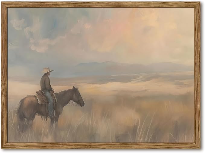 Vintage Western Cowboy Wall Art Cowboy on Horse Wall Decor Paintings, Southwestern Landscape Poster Canvas Prints for Bedroom Farmhouse Living Room 12x16 inch Wood Framed