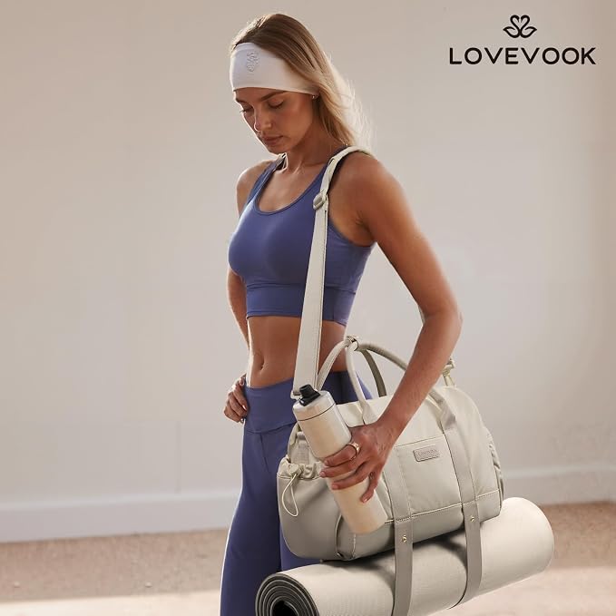 LOVEVOOK Small Gym Bag for Women with Yoga mat Holder, Mini Duffle Bag for Travel with Wet Pocket, Overnight Personal Item Bags (Khaki, 14.5 inch-Small-2Pcs)