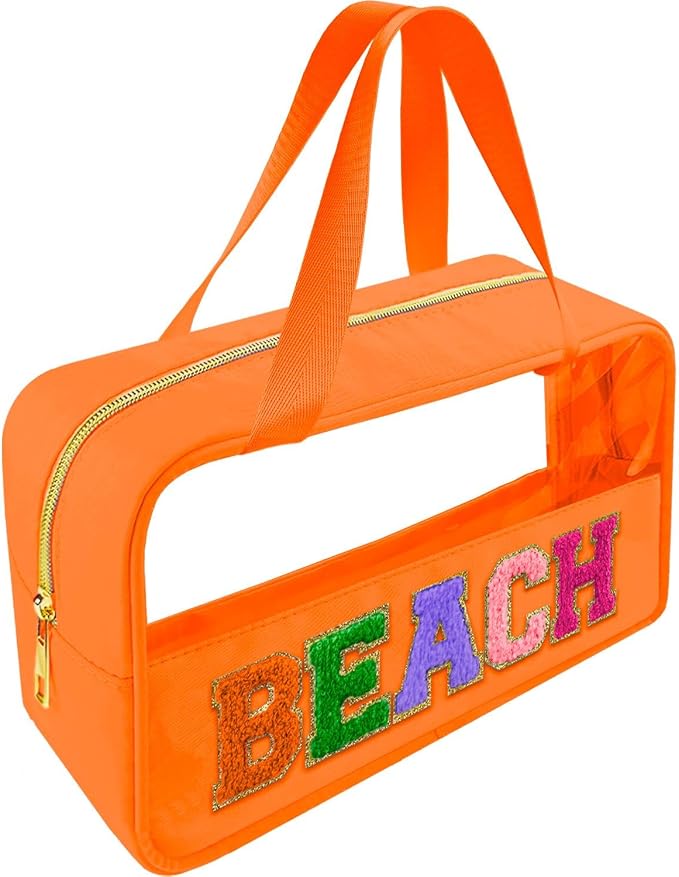 Bunliuys Chenille Letter Clear Makeup Bag Beach Patch, Travel Toiletry Makeup Bag with Handle, Nylon Waterproof Makeup Bags clear cosmetic bag, preppy patch makeup bag for Women (BEACH-Orange)