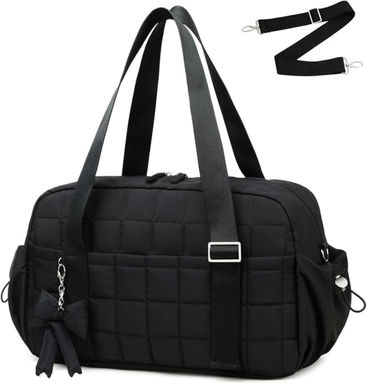 CAMTOP Mini Gym Bag for Women, Small Gym Tote Bag Puffy Quilted Sports Duffel Bag with Wet Compartment and Coin Purse Duffel Bags Dance Yoga Workout Bag for Gifts (Black, Medium-16")