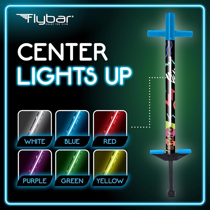 Flybar Jolt Pogo Stick for Kids, Perfect for Beginners w/Foam-Covered Metal Frame, Handles & Padding, Non-Slip Foot Pads, Wide Tip, Outdoor Active Play Toy for Boys & Girls, Ages 6+, Retro Rocket LED