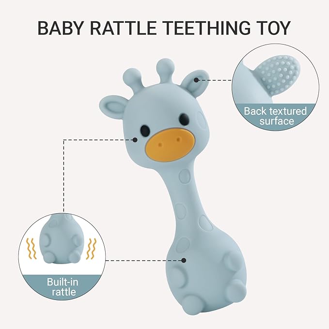 Giraffe Silicone Baby Teether Rattle Toy for 0-6 6-12 Months, BPA-Free Infant Teething Toy with Rattle Sound, Easy-Grip Design for Teething Relief (Dusty Blue)