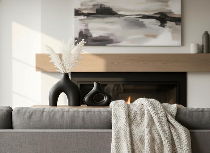 Carrot's Den Black Ceramic Modern Vase Set of 2, Donut Shelf Decor, Black | Pair for bookshelf and bookcase decor, mantel styling, or home staging. Holds dried stems and faux plants indoor.
