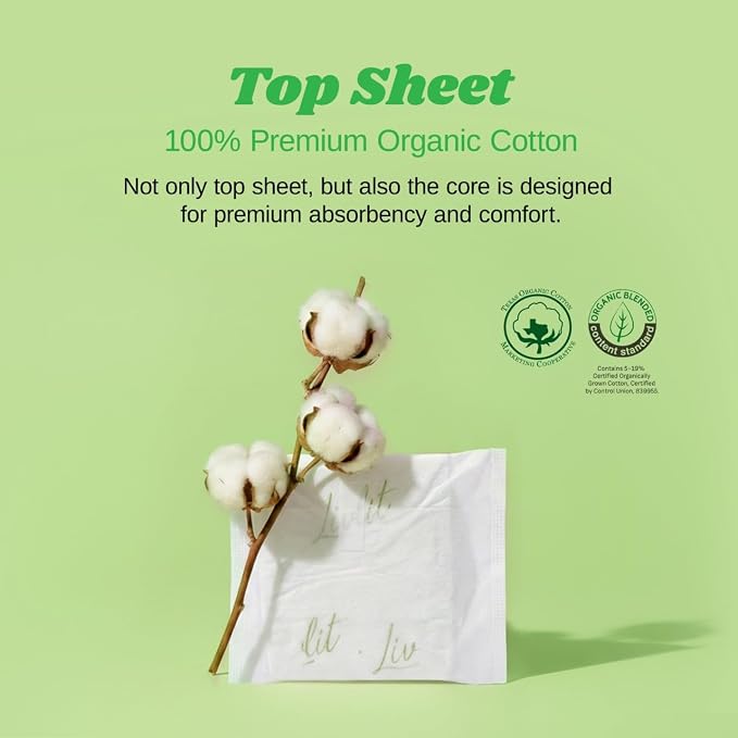 Livlit Regular Size Ultra Thin Sanitary Pads, 100% Organic Cotton from Texas, Powerful Leak Protection, Unscented, Chlorine Free and Absorbency of Feminine Periods, Pads for Women (36 Count)