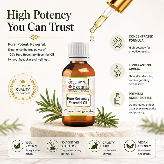 Greenwood Essential Pure Rosemary Essential Oil (Rosmarinus officinalis) Steam Distilled 10ml (0.33 oz)