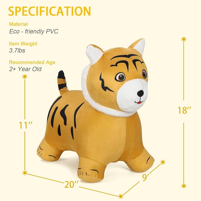 INPANY Tiger Bouncy Hopper Toys for 2 Year Old Boy, Toddlers Plush Inflatable Animal Hopping Horse, Bouncing Buddies, Ride on Rubber Bouncer, Outdoor Indoor Birthday Gifts Toy for 3 4 Yr Girl, Orange