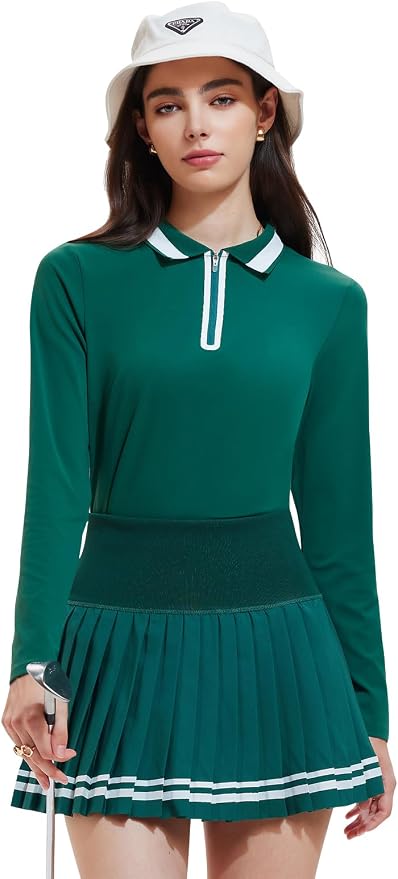 Women's 2-Piece Tennis Skirt Set, Polo V-Neck Top & High-Waisted Pleated Skirt, Athletic Outfit for Golf Pickleball