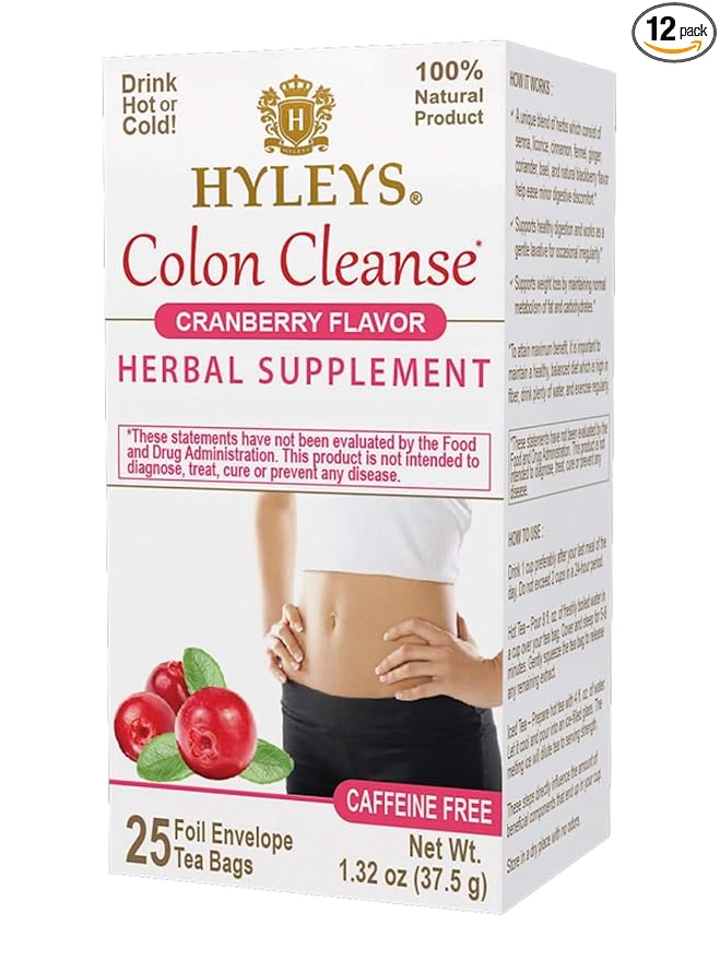 HYLEYS Colon Cleanse Tea, Cranberry Flavor - 300 Individually Wrapped Herbal Tea Bags (12 Pack of 25) - Caffeine Free, Gluten Free & Vegan