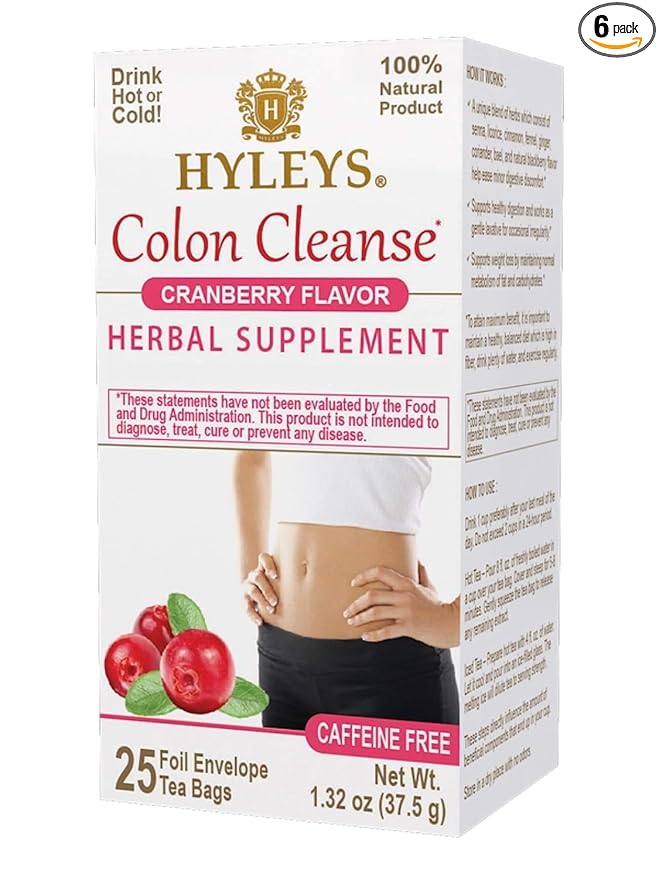HYLEYS Colon Cleanse Tea, Cranberry Flavor - 150 Individually Wrapped Herbal Tea Bags (6 Pack of 25) - Caffeine Free, Gluten Free & Vegan
