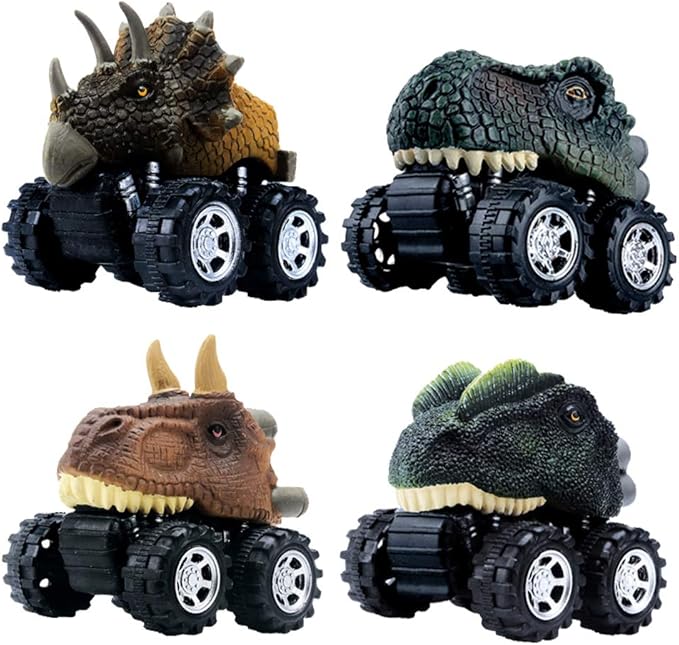 DINOBROS Pull Back Dinosaur Car Toys 4 Pack Dino Toys for 3 Year Old Boys and Toddlers T-Rex Dinosaur Games Monster Trucks