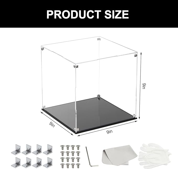 Clear Self-Assembly Acrylic Boxes for Display, Transparent Display Case with Black Base and Lid, Cube Countertop Storage Boxes Glass Case for Collectibles Models Doll Boy Figurine, 9x9x9Inch