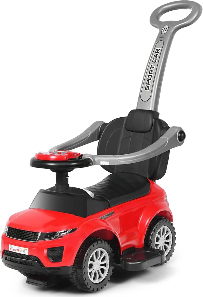 GLACER Push Cars for Toddlers 1-3, 3-in-1 Kids Sliding Car with Detachable Guardrail, Horn, Music, Lights, Storage Box and Anti-Roll Design, Ride on Push Car for Boys Girls (Red)