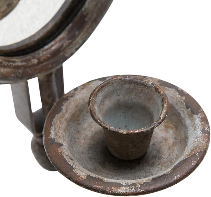 SOFFEE DESIGN 2PCS Antique Metal Candle Sconces Candlestick Holder Wall Mounted Distressed with Oval Faded-Looking Mirror