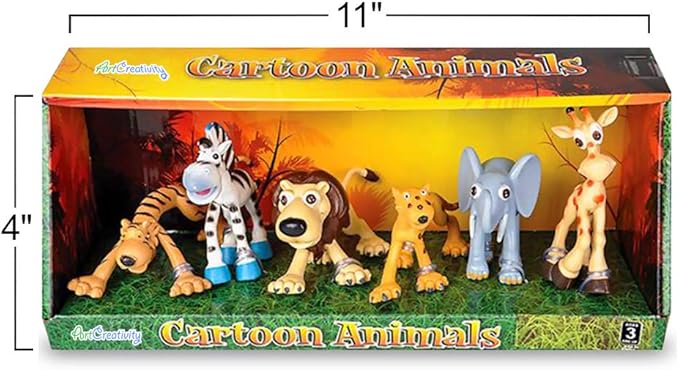 ArtCreativity Cartoon Animals Figurines for Kids - Set of 6 - Cute Cartoonish Design - Durable Plastic Play Set - Cool Storage Box - Great Gift Idea, Safari and Jungle Favors for Boys & Girls