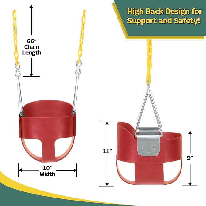 Eastern Jungle Gym Heavy-Duty High Back Full Bucket Toddler Swing Seat | Coated Chains Fully Assembled | Red Swing Set Accessory