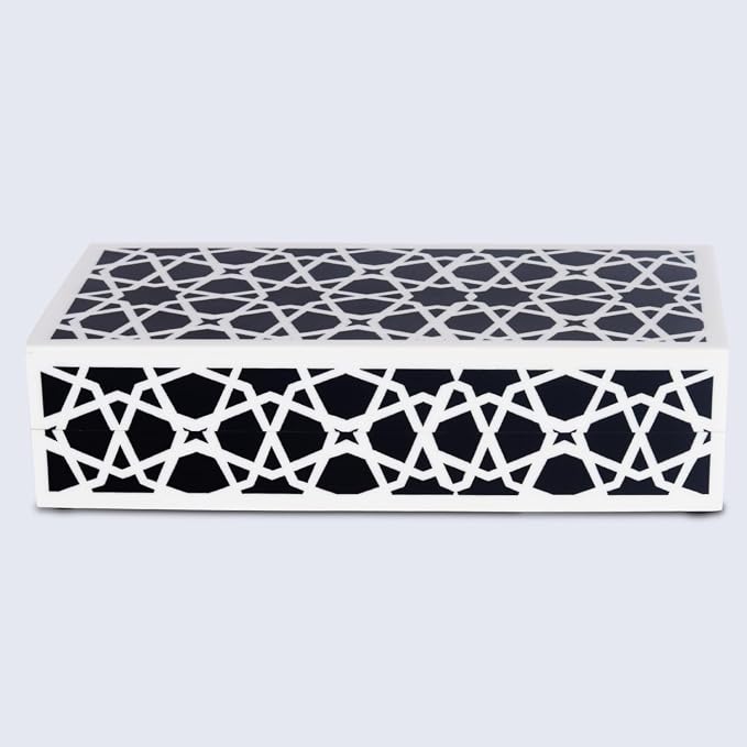 Handicrafts Home Decorative Storage Box with Lid, Black and White Moroccan Zellij Box, Coffee Table Remote Organizer, Geometric Keepsake Box for Living Room, Shelf & Hallway Decor, Zellij 10x4.5x2.5