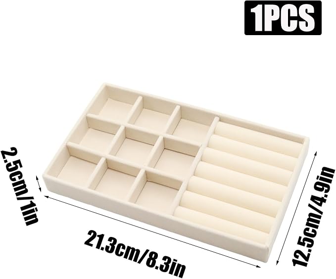 Velvet Jewelry Organizer Trays Beige 9 Grids and Rolls | Stackable Jewelry Storage Display Tray with Removable Dividers for Drawer Dresser Cloest Organizer