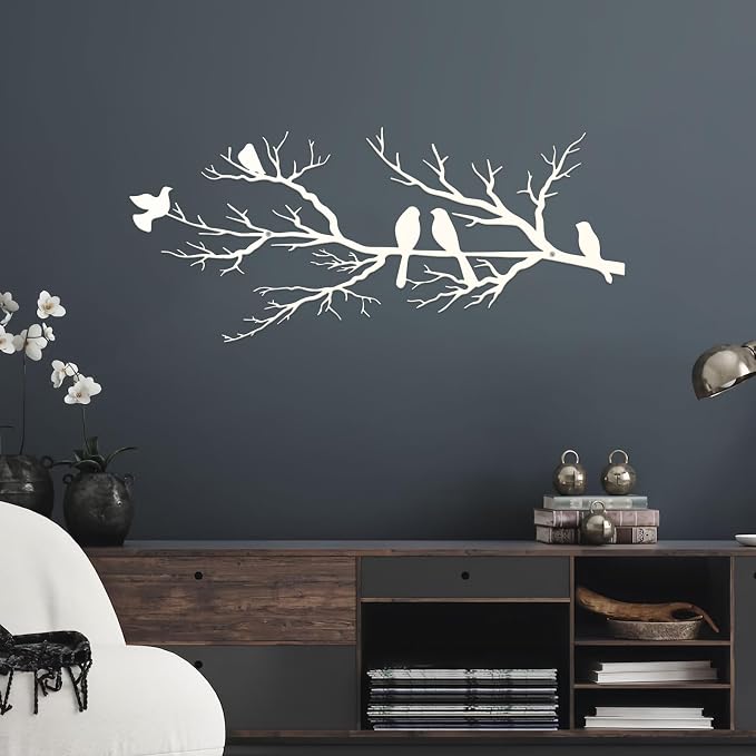 ESTART Metal Birds Wall Art, Metal Vivid Birds on Branch Silhouette Wall Decor White Leaves with Bird Outdoor Hanging Wall Sculpture for Home Living room Bedroom Balcony Garden (White, Large)