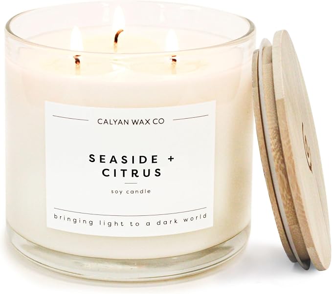 Calyan Wax Co. Seaside & Citrus 3 Wick Scented Candle - 43 Hour Burn - Luxury 3 Wick Soy Candles - Clean Soy Wax Candles - Long Lasting Large Glass Jar Candle for Home - 14.9oz