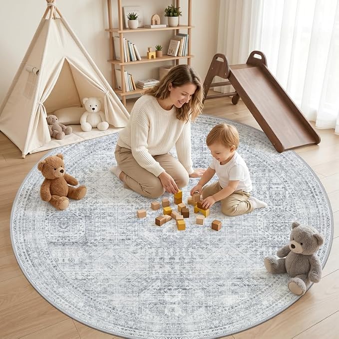 Round Area Rug for Living Room: 8ft Vintage Boho Neutral Washable Circle Rug Soft Large Circular Carpet for Bedroom Nursery Farmhouse Dining Room Office Floor Non-Slip Low Pile Under Table Rug Gray
