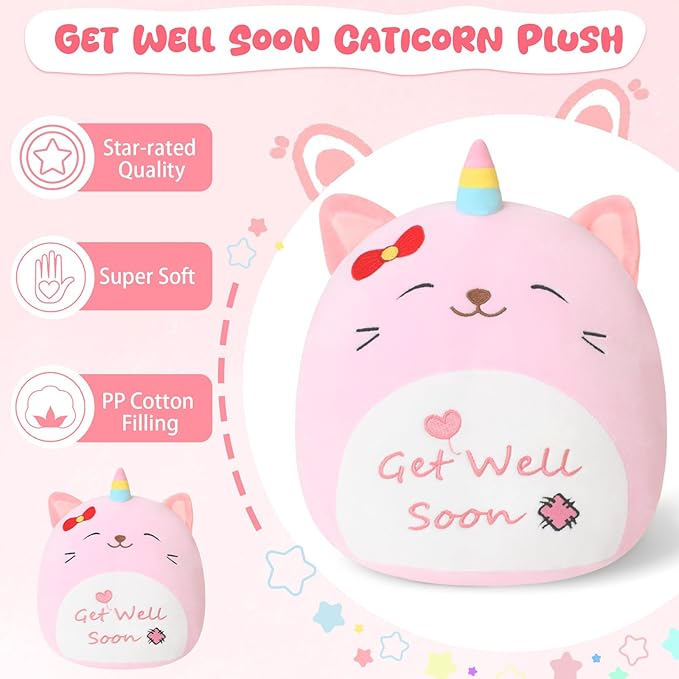 Get Well Soon Caticorn Plush, Cute Pink Caticorn Stuffed Animal, Soft Feel Better Gifts for Kids Women Men