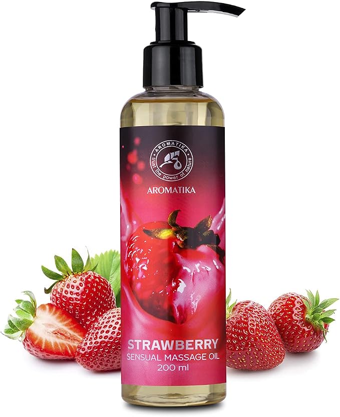 Sensual Massage Oil Strawberry 6.8 Fl Oz - Blend of Almond and Grapeseed Essential Oils - Edible & Kissable Massage Oil - Body Oil for Him & Her - for Couples - Gift - Relaxing Massage Oil