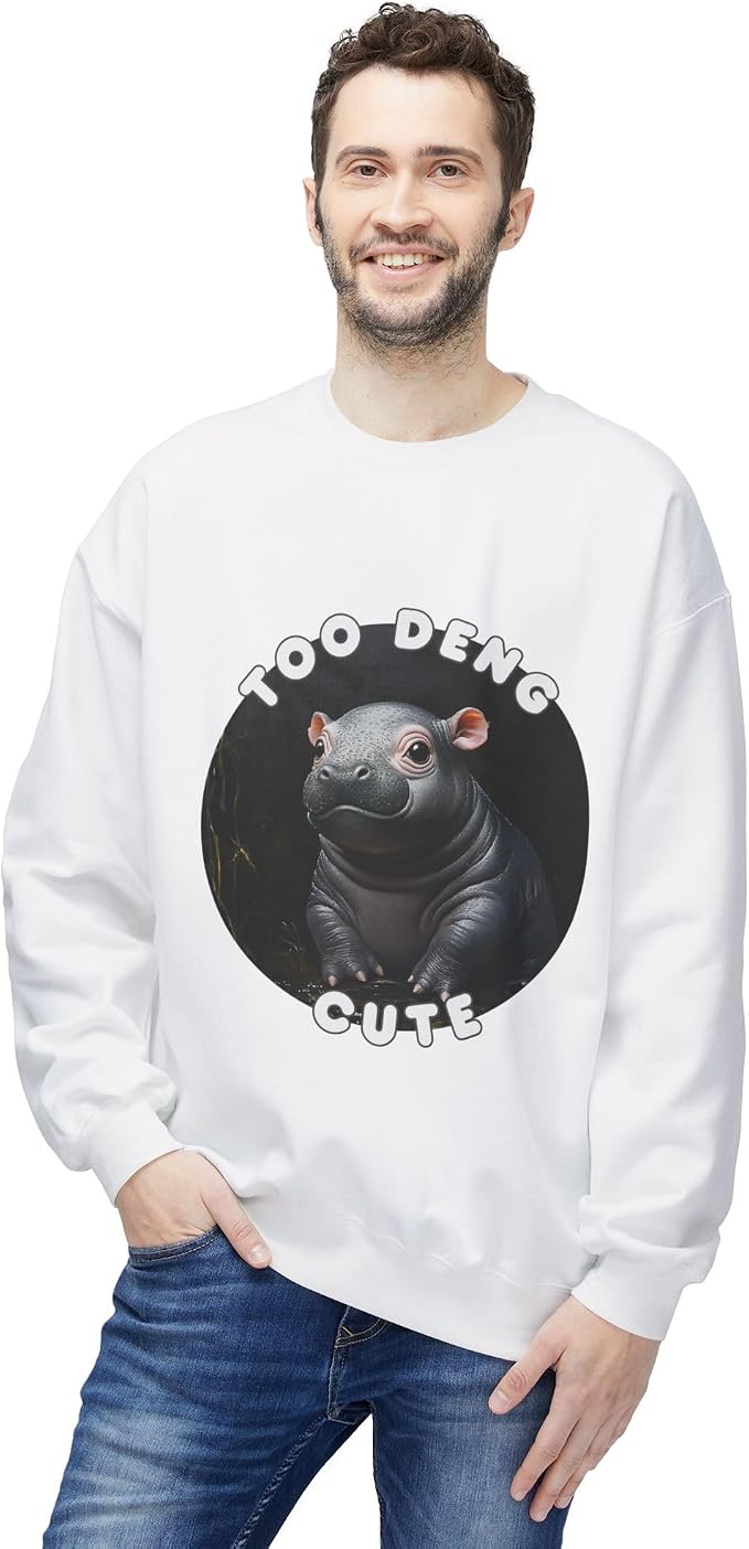 Unisex Fleece Crewneck Sweatshirt - Too Deng Cute Moo Deng Hippo, Cozy Cotton Blend, Classic Relaxed Fit