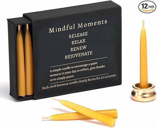 Mindful Meditation Candle Set with 12 Mini Taper Beeswax Candles with Brass Holder for Prayer & Reflection, Relaxation Gifts for Women Stress, Serenity Thinking of You Gift