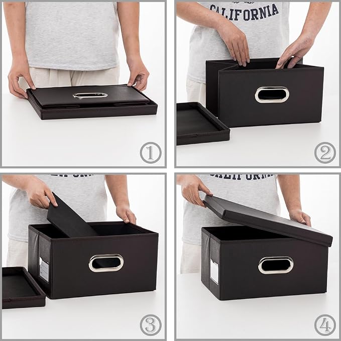 Collapsible Storage Box with Lid [3-Pack] Leather Fabric Foldable Storage Bin Organizer Container Basket Cube with Cover for Home Bedroom Closet Office Nursery Black(13.6x9.6x6.9)