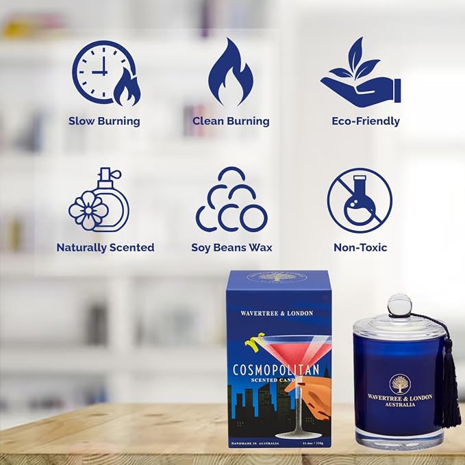 Luxury Cosmopolitan Soy Wax Candle - Hand Poured in Australia, 11.66 oz Glass Jar Fancy Candle, Strong Scented, Non-Toxic, Long Lasting 60 Hour Burn, Refreshing Natural Citrus Candle Gift