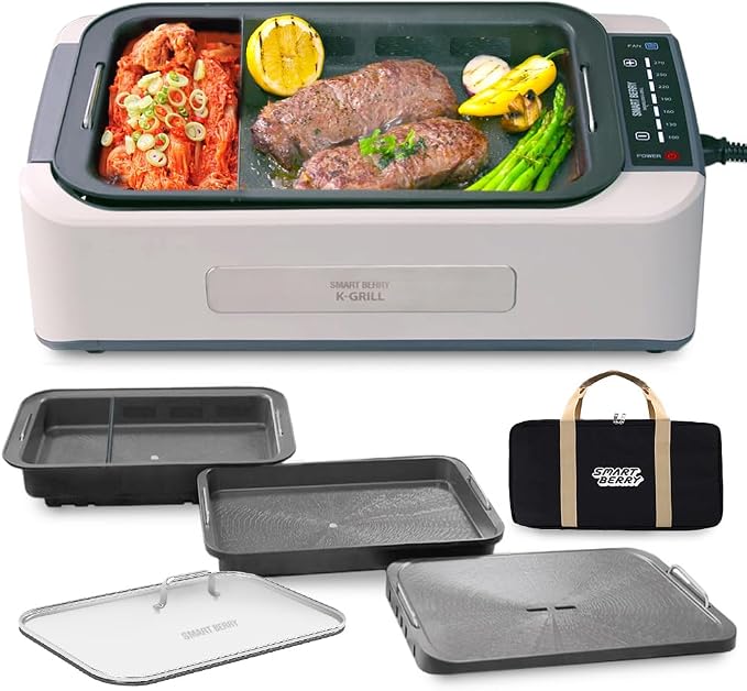 SMART BERRY 3 in 1 Smokeless Electric Indoor Grill, Nonstick Grill/Griddle Plates, Jjamjjapan, Glass Lid, Portable Korean BBQ Grill with 7-Level Control (Jjamjjapan set White)