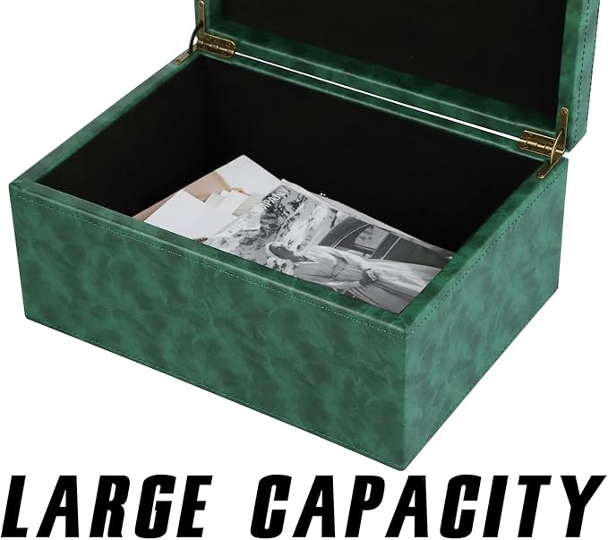 HofferRuffer Faux Leather Decorative Box, Large Wooden Structure Keepsake Box Accessory Organizer Jewelry Organizer with Hinged Lid, Storage Container for Home or Office (Dark Green)