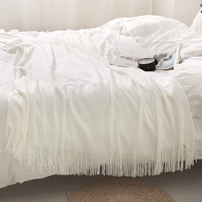 Homiest Ivory Knitted Throw Blanket with Fringe, 50x60 Inch | Pure Acrylic, Lightweight & Breathable, All-Season Use, Machine Washable, Wrinkle & Fade Resistant, for Couch Sofa And Bed
