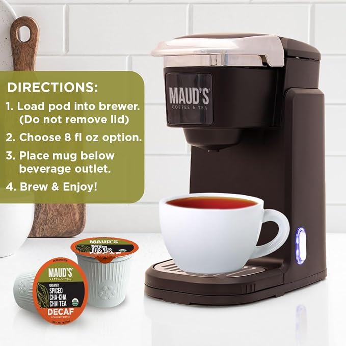 Maud's Organic Decaf Chai Tea Pods, 24 ct, Single Serve Tea Pods – 100% Gourmet Blended Tea Leaves, Compatible with Keurig K Cups Maker