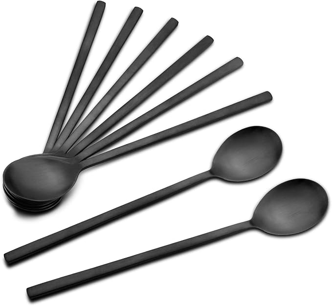 IQCWOOD Korean Soup Spoon Stainless Steel, 8.5 Inch 8-Piece Black | Long Handle Korean Dinner Tablespoon for Eating Asian Metal Home Kitchen or Restaurant