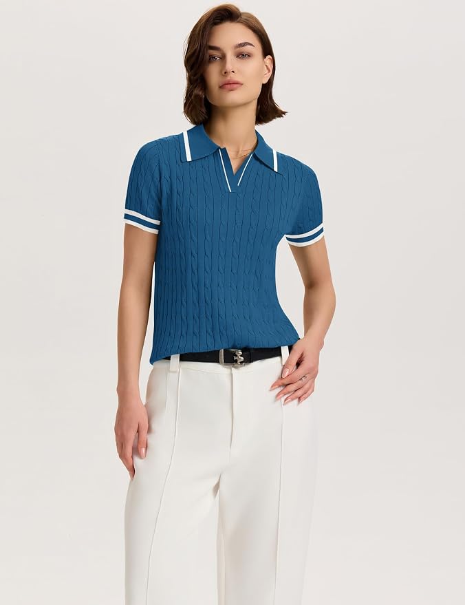 Micoson Womens Short Sleeve Sweater Tops Lapel V Neck Polo Shirts 2026 | Summer Cable Knit Loose Blouses, Business Casual Outfits
