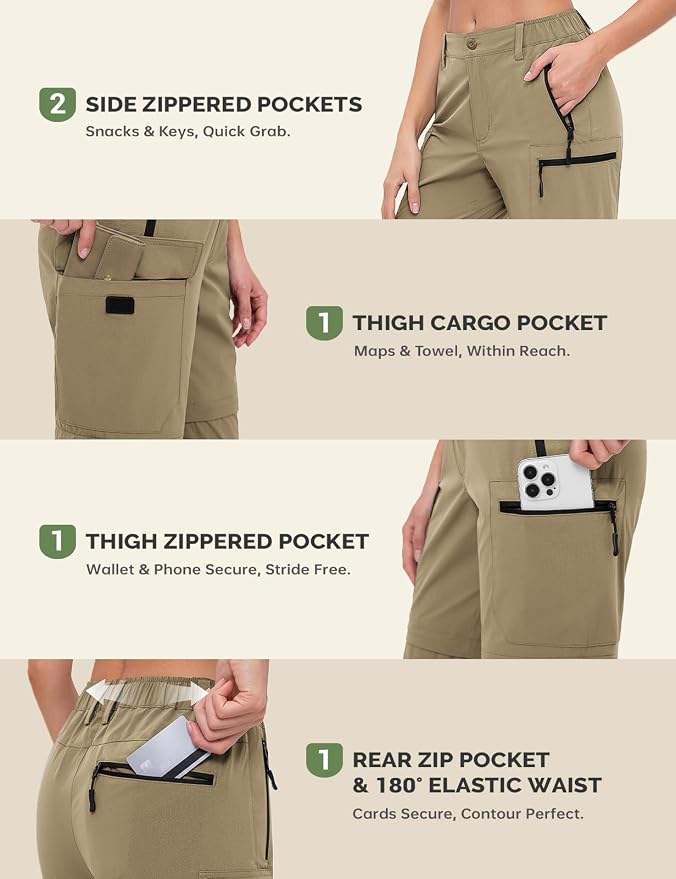 Cycorld Women's-Hiking-Pants-Convertible Quick-Dry-Stretch-Lightweight Zip-Off Outdoor Pants with 5 Deep Pockets