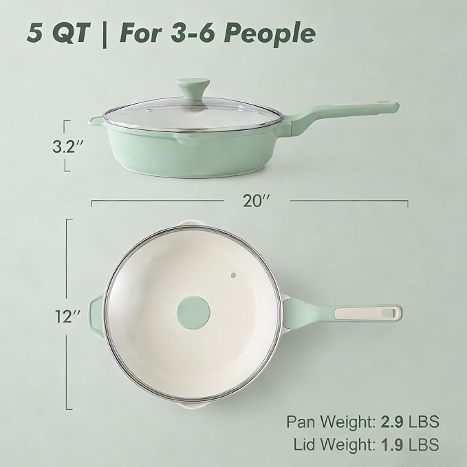 SENSARTE Nonstick Ceramic Skillet with Lid 12-inch/5QT, Non Toxic Deep Frying Pan, Saute Pan with Lid, Stay-cool Handle, Healthy Cooking Pot Dishwasher Safe, Induction Compatible, Green