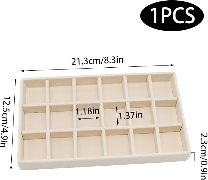 Velvet Jewelry Organizer Tray, Beige 18 Grids | Stackable Jewelry Storage Display Tray with Removable Dividers for Drawer Dresser Cloest Organizer