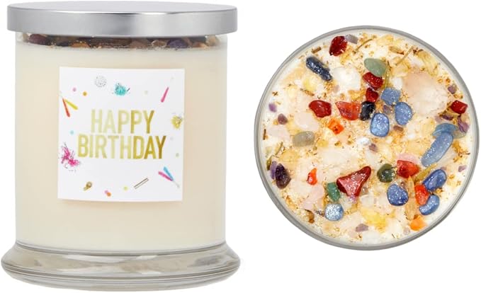Happy Birthday Candle by New Moon Beginnings - Intention & Manifestation - Birthday Wish Candle - Crystal & Herb Candles - Aromatherapy Candles - Soy Candle, 12 Ounce Round Glass