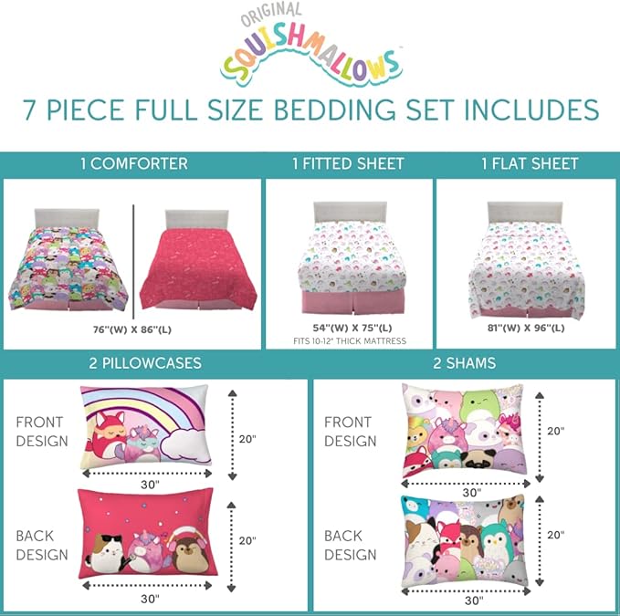 Franco Squishmallows Bedding Super Soft Comforter and Sheet Set with Sham, 7 Piece Full Size