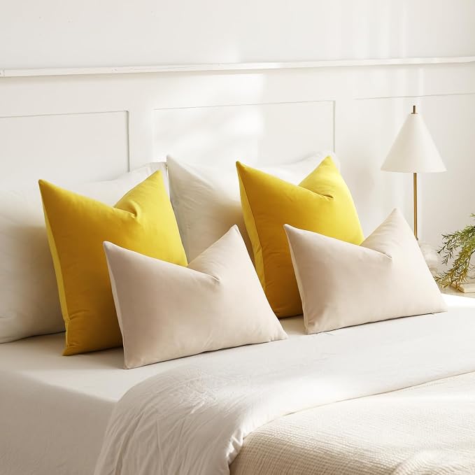 Throw Pillow Covers 22x22 Yellow: Pack of 2 Cozy Soft Velvet Square Modern Luxury Decorative Throw Pillow Cases for Sofa Couch Living Room Bed Home Decor