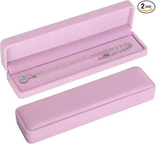 KUKUVR 2 Pcs Velvet Necklace Gift Box, Long Jewelry Storage Holder Case for Chain Pendant Bracelet Engagement Birthday Anniversary (Pink)