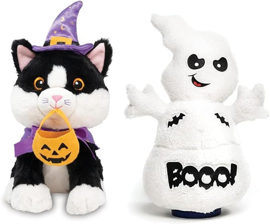 Cuddle Barn - Spook Jr & Trick-or-Treat Tammy Bundle of 2 | Halloween Animated Tuxedo Cat & Singing Ghost |Stuffed Animal Plush Toy