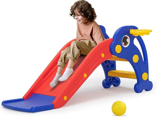 NYEEKOY 3 in 1 Toddler Slide, Baby Slide Plastic Climber Playset with Basketball Hoop and Ball, Indoor and Outdoor Playground for Kids Red