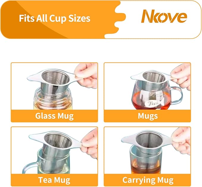 NKOVE Universal Tea Infuser with Lid Stainless Steel Filter Fits Mugs Cups Teapots Food Grade, Ultra-Fine Mesh, 304 Stainless Steel, Ideal for Loose Leaf Tea - Rooibos, Black, Herbal, Green