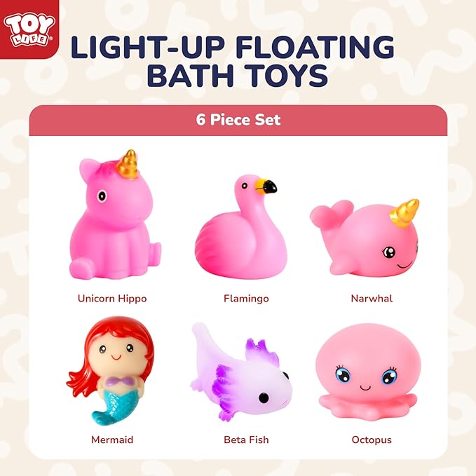 TOY Life 6 PCS Mermaid Light Up Bath Toys for Kids Ages 4-8, No Hole Glow Bath Toys for Kids, Baby Toddler Bath-Time, Birthday Gifts for Kids, Girls, Boys, Ideal for Shower, Bathtub, Pool