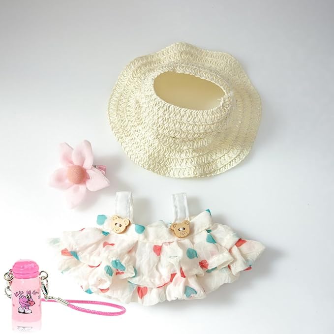 One Set Kawaii Doll Clothes for 17cm Plush Dolls -Floral Collection Dress + Hat + Bag + Hair Clip Fits 6.7 Inch Mini Dolls (No Doll No Glasses)